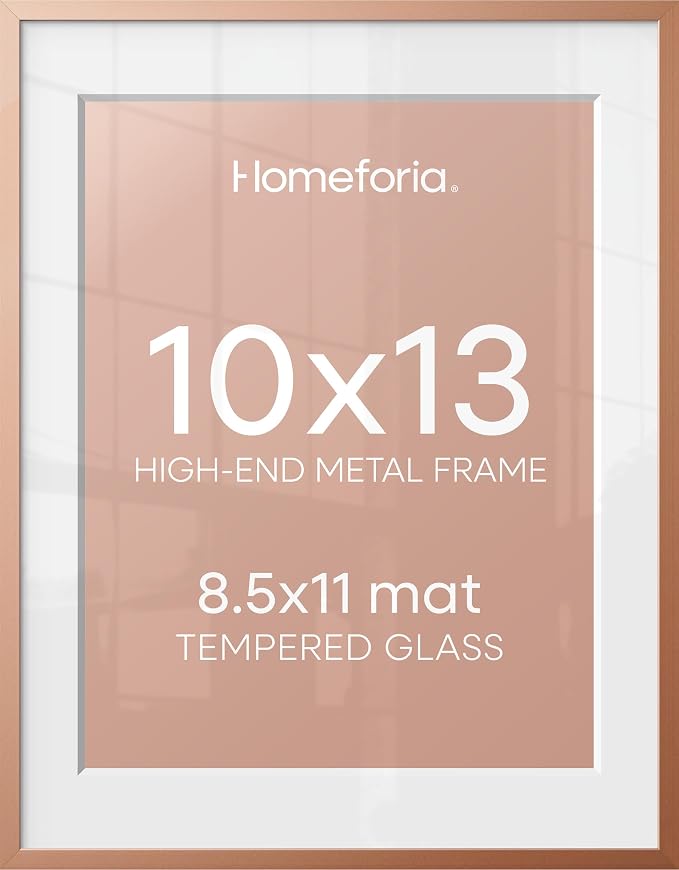 Homeforia 10x13 Picture Frame Rose Gold, High End Metal 10x13 Wall Hanging Frame with Mat 8.5x11, 10 x 13 Poster Frames Matted to 8.5 x 11 inch Photo, 10by13 Frames, Tempered Glass, Wall Kit, Set of 1
