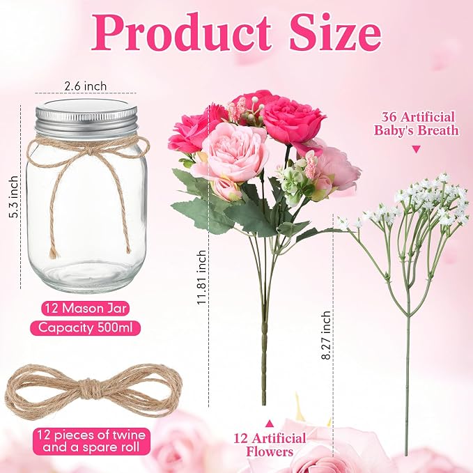 Zeyune 12 Sets Mason Jar Centerpiece Table Decorations, Artificial Peony Baby's Breath Flower Bouquets, Faux Flowers with Vase, Rustic Decor Gifts for Home, Wedding, Holiday (Pink Mix)