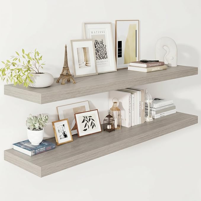 Vivelove 12" Deep Floating Shelves 47.2" Long, Wall Shelves for Living Room Bedroom Bathroom Kitchen Laundry Room, Farmhouse Rustic Shelves for Home Decor, 47.2" X 12" X 2" Set of 2, Grey