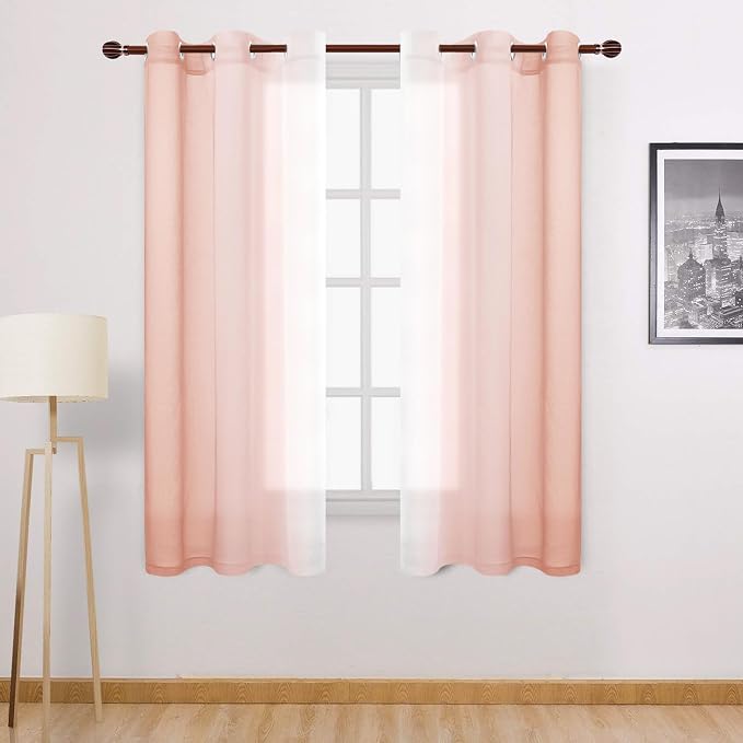 DWCN Blush Pink Faux Linen Ombre Sheer Curtains - Gradient Semi Voile Curtains for Bedroom and Living Room, Set of 2 Grommet Top Window Curtain Panels, 42 x 63 Inches Long,