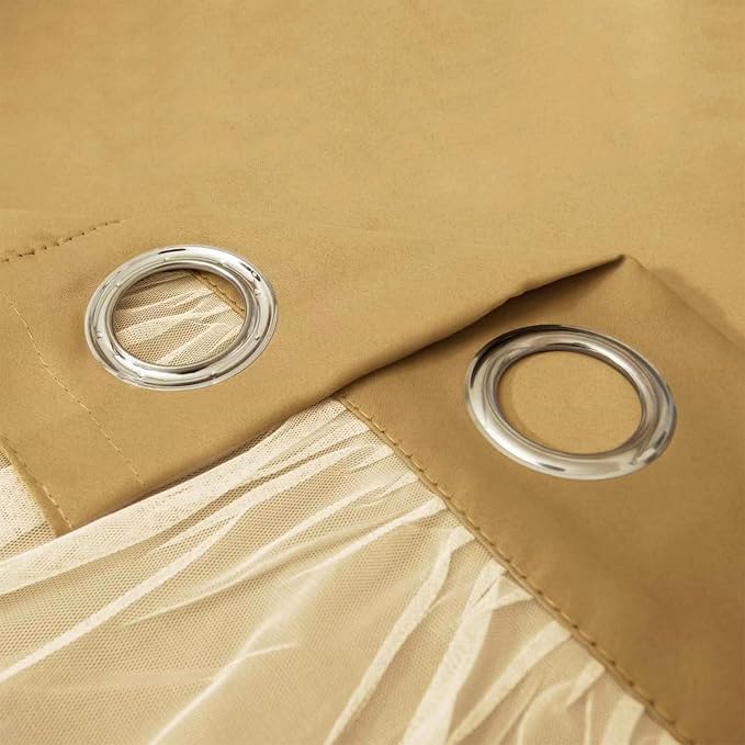 INLINAS Gold Blackout Curtains with Sheer Overlay - Grommet Top Thermal and Noise Reduction Panels for Bedroom and Living Room Light Blocking and Energy Saving, 52 x 63 Inches, Set of 2