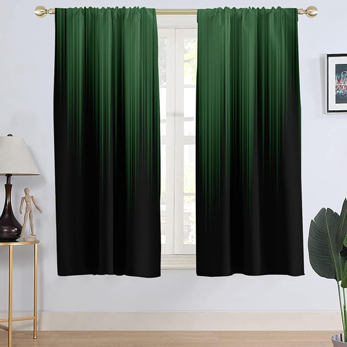AAtter Green and Black Ombre Window Curtains, 2 Panels, 42" W x 63" L | Modern Rod Pocket Drapes, Dark Abstract Striped Style, Cool Anime Design, Trendy Gradient Bedroom Decor for Men