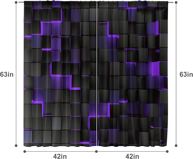 MESHELLY Abstract Black Purple Curtains 42Wx63H Inch Rod Pocket Modern 3D Gradient Design Futuristic Geometric Cubes Bedroom Window Drapes Man Boys Printed Minimalist Living Room Window Fabric 2 Panel