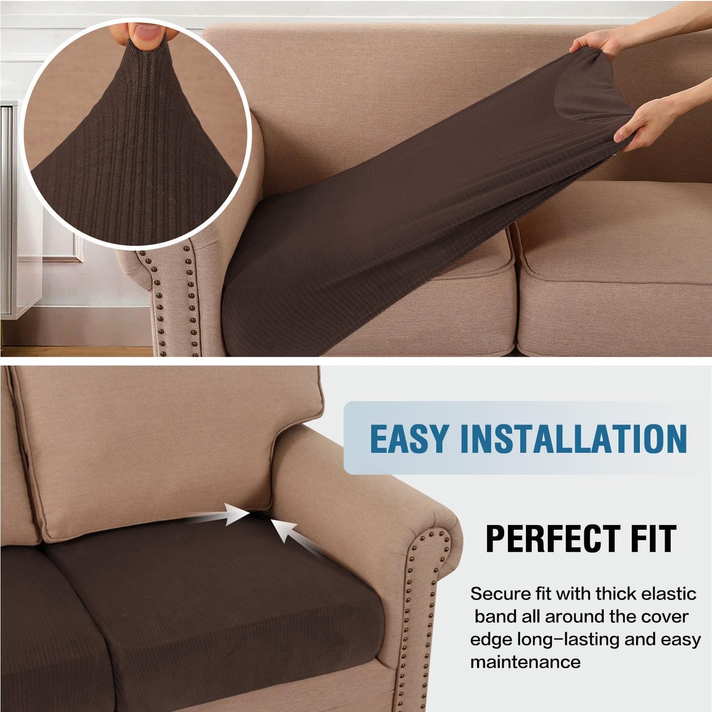 H.VERSAILTEX Velvet Stretch Couch Cushion Cover Plush Cushion Slipcover for Chair Loveseat Sofa Cushion Furniture Protector Seat Cushion Sofa Cover (3 Piece Sofa Cushion Covers, Brown Striped)