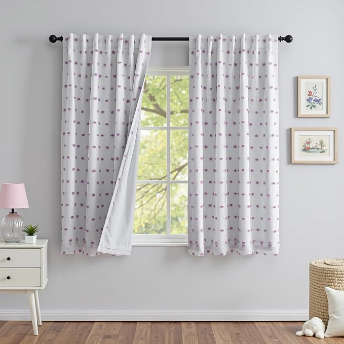 MYSKY HOME 100% Blackout Curtains for Girls Bedroom 54 Inch Long Purple Pom Pom Full Blackout Curtains for Kids Room 2 Panels Room Darkening Small Window Treatment Back Tab 2 Layered Drapes 52 Wide