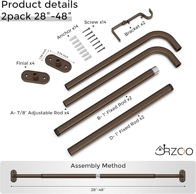 2 Pack Wrap Around Curtain Rods Bronze, Blackout Heavy Duty Curtain Pole for Windows 28 to 48 Inch, 1" Decorative Room Darkening Curved Modern Drapery Rod (Bronze/Unique Design/All Metal)