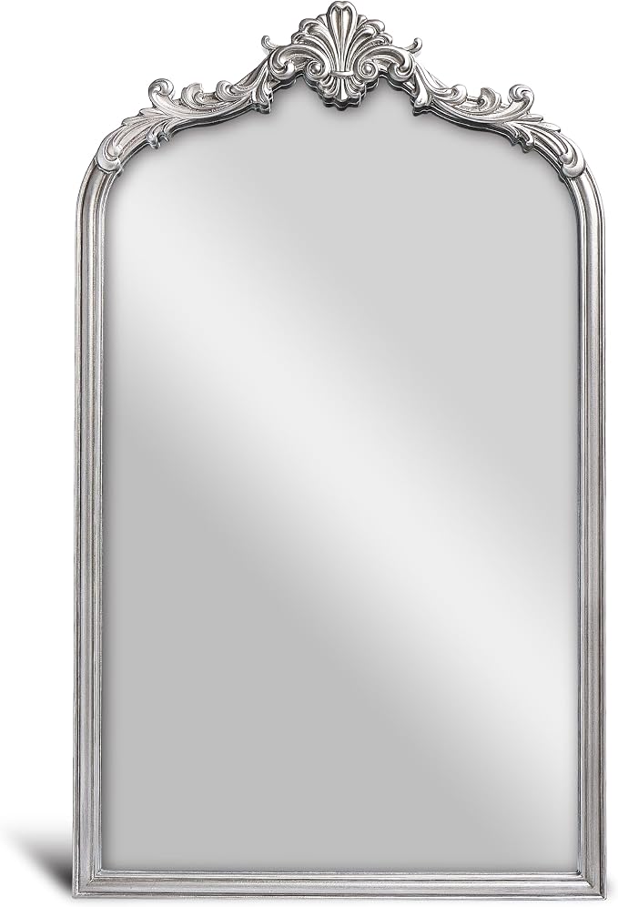 Wylde Iris English Estate Carved Arch Wood Wall Mirror, Mirror for Entryway, Living Room, Bathroom, Antique Silver, 20.4x33
