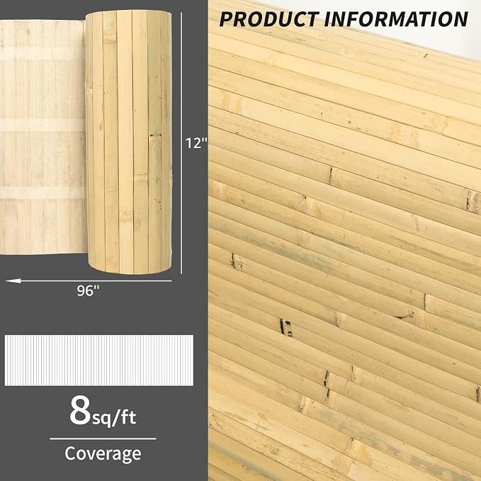 Art3d Natural Bamboo Wall Panel for Interior Wall Decor, Renewable Pole Wrap Wainscoting Paneling for Wall Ceiling Furniture Cabinet Office, 12 x 96 Inch, 2-Pack - Natural