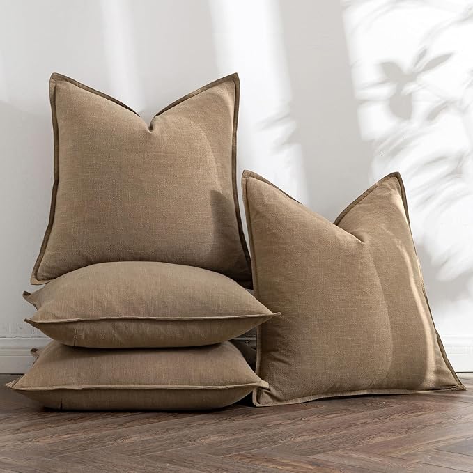 MIULEE Khaki Boho Linen Decorative Pillow Covers 18x18 Inch Pack of 4 | Natural Throw Pillow Covers Soft Farmhouse Couch Pillowcases Modern Home Decors for Living Room Bed Sofa