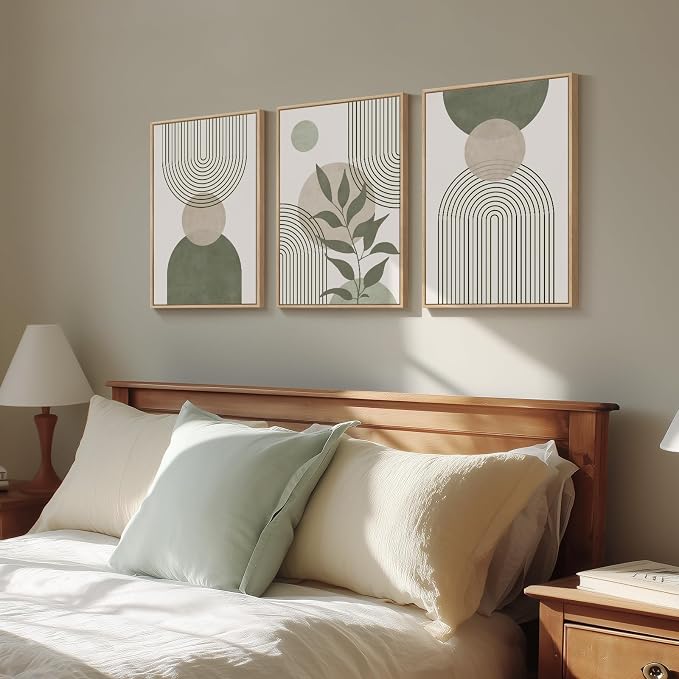 Framed Sage Green Boho Wall Art for Living Room, 3 Piece Minimalist Beige and Green Bohemian Artwork for Walls, Large Geometric Leaf Line Boho Paintings Prints for Bedroom Hallway Wall Decor, 16x24 In