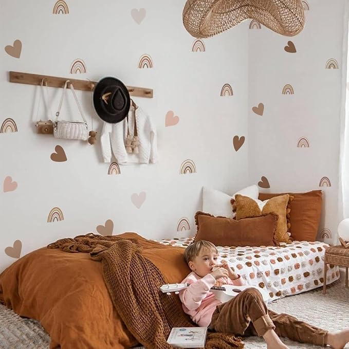 funlife Small Boho Rainbow Wall Decals Peel and Stick, Self Adhesive Colorful Wall Sticker for Girls Bedroom Decor, Boho Hearts Decal for Kids Nursery Room Decoration, Boho Rainbow and Heart