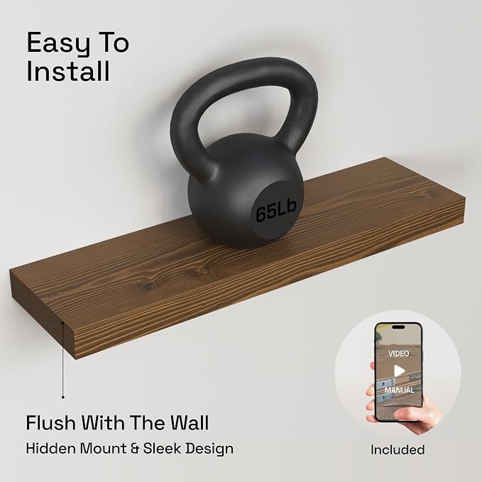 Solid Wood Floating Shelves for Wall 24 Inch Walnut, Wooden Bathroom Shelf | Real Wood, Wall Mounted, Rustic Farmhouse, Bedroom Kitchen Living Room, Walnut Finish, 24W x 6,7D, Set of 2