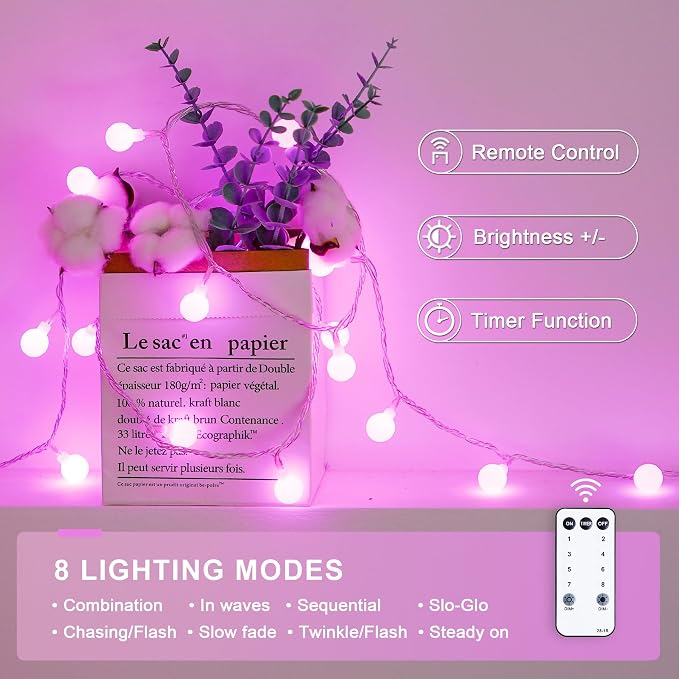 JMEXSUSS 33 ft 100 LED Globe Pink Christmas String Lights Indoor | 8 Mode Pink Lights Plug in, Fairy Pink String Lights with Remote for Bedroom Girl Room Anniversary Party Valentines Day