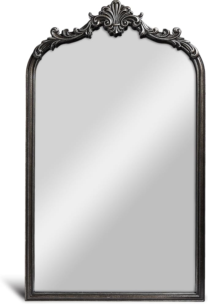 Wylde Iris English Estate Carved Arch Wood Wall Mirror, Mirror for Entryway, Living Room, Bathroom, Distressed Black, 20.4x33
