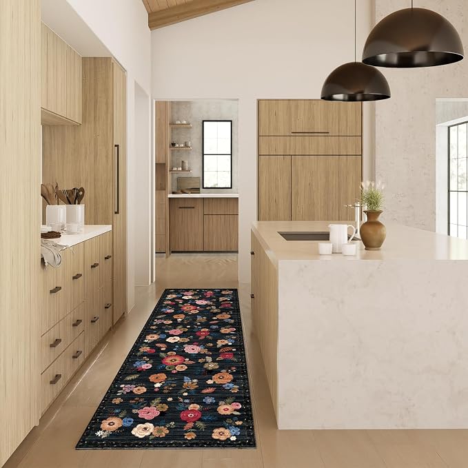 Machine Washable Runner Rug for Kitchen: 2'x6' Hallway Runner Rug Non Slip Low Pile Soft Faux Wool Carpet Runners Floral Floor Rug for Bedroom Entryway Bedroom Bathroom Laundry Room Home Office Indoor