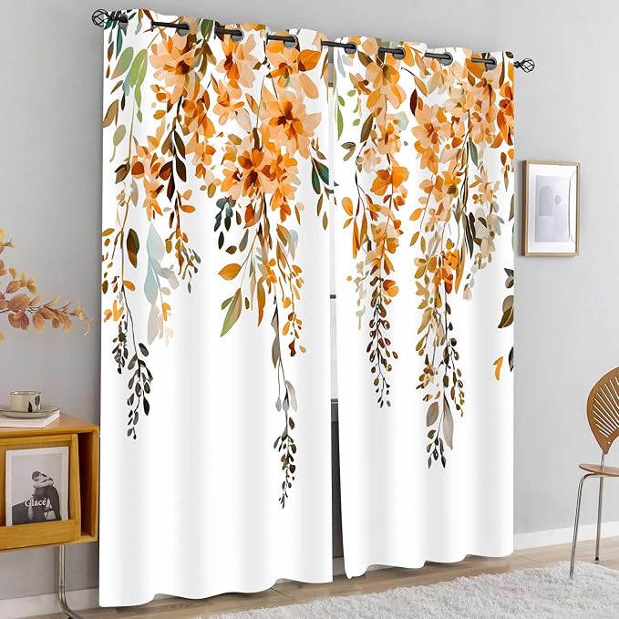 Orange Watercolor Floral Curtains, Botanical Leaves Vine Flowers Curtain, Rustic Farmhouse Flower Leaf Blackout Window Treatment Drapes for Bedroom Living Room 52x90 inch, 2 Panels