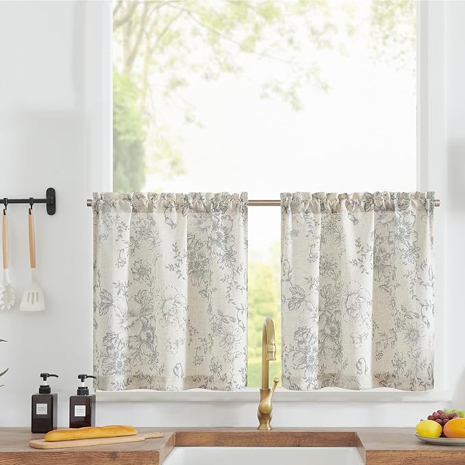 jinchan Floral Linen Tier Curtains Grey Flower on Beige Cafe Curtains 24 Inch Length Kitchen Living Room Bedroom Bathroom Farmhouse Rustic Country Rod Pocket 2 Panels