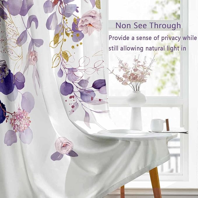 Purple Floral Sheer Curtains 84 Inch Length 2 Panels, Eucalyptus Leaves Botanical Light Filtering Privacy Semi-Sheer Vintage Curtains for Bedroom Living Room, Watercolor Flower Pink Plant Curtain