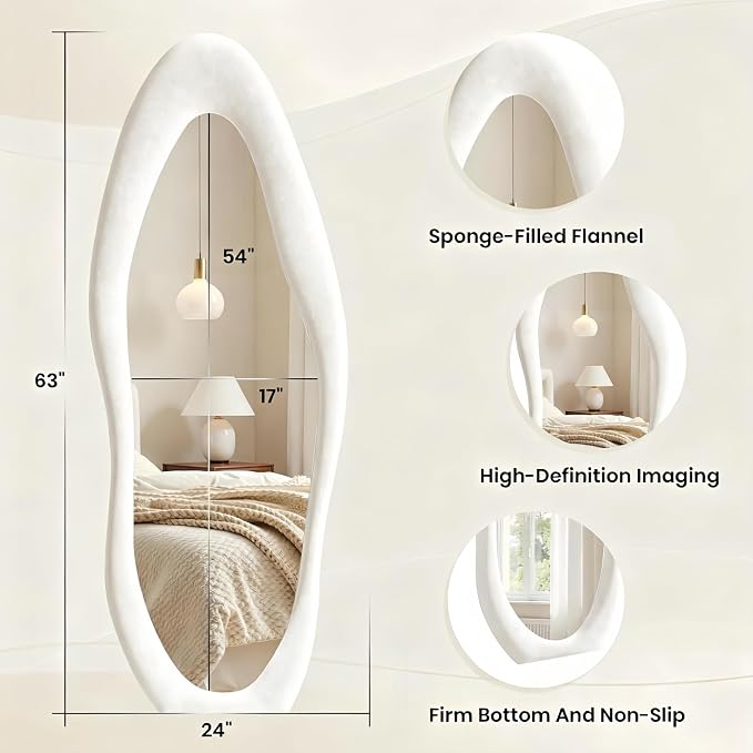Dewfig Full Length Mirror, 63" x 24"Irregular Mirror, Large Floor Length Mirrors Wall Mounted, Standing Mirrors with Flannel Wrapped Wooden Frame for Bedroom/Living Room, White