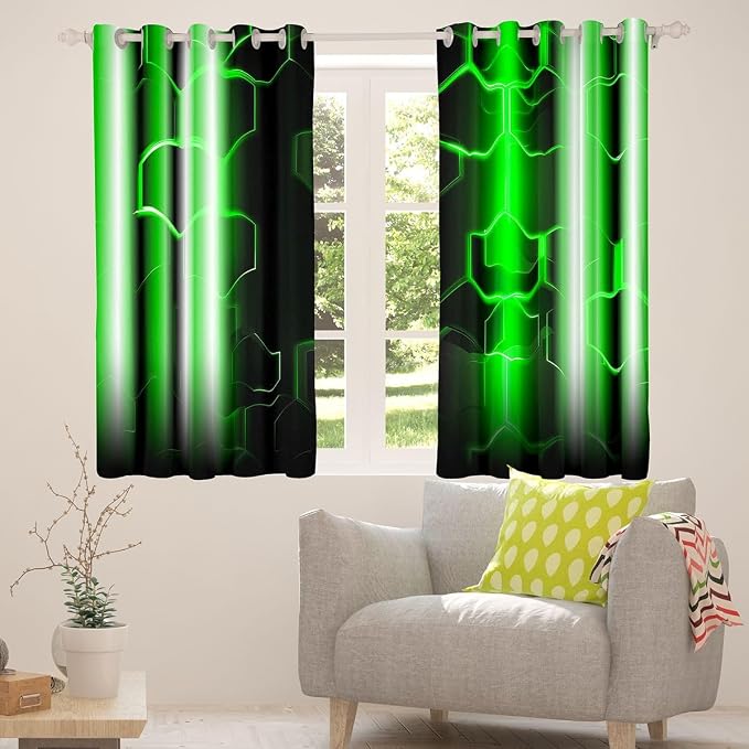 jejeloiu Honeycomb Curtains (2 Panels, 52 x 63 Inch) Modern Hexagon Theme Green Curtains Strip Lines Darkening Dreapes Modern Gradient Black Green Window Treatments Blackout
