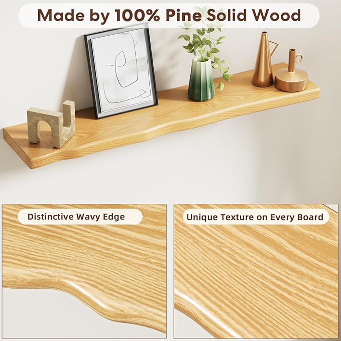 Solid Wood Live Edge Floating Shelves Set of 2 – 36" Rustic Wall Shelf with Hidden Bracket System, Wall Mounted Shelves for Bathroom, Kitchen, Living Room, Bedroom (Natural)