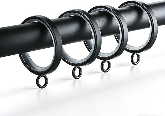 28 PCS Curtain Rings, 1-5/8 Inch Quiet Curtain Rings with Plastic Inserts with Clips Metal Drapery Ring for Curtain Rods Black