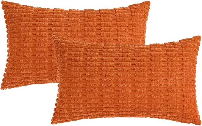 MIULEE Fall Pack of 2 Orange Corduroy Decorative Lumbar Pillow Covers 20x12 Inch Soft Boho Striped Throw Pillow Covers Modern Farmhouse Home Decor for Sofa Living Room Couch Bed