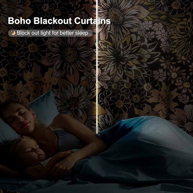 Boho Floral Blackout Curtains for Bedroom with Curtain Tiebacks, 84 Inch Long Black Out Window Drapes 2 Panels Set, Farmhouse Patterned Thermal Soundproof Privacy Grommet Living Room Curtains