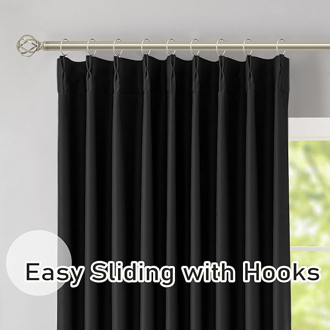 DONREN Black Pinch Pleated Blackout Curtains with Hooks - 132 inches Extra Long Room Darkening Thermal Insulated Window Curtain Panels for High Ceiling Living Room 2 Panel 40" Wx132 L