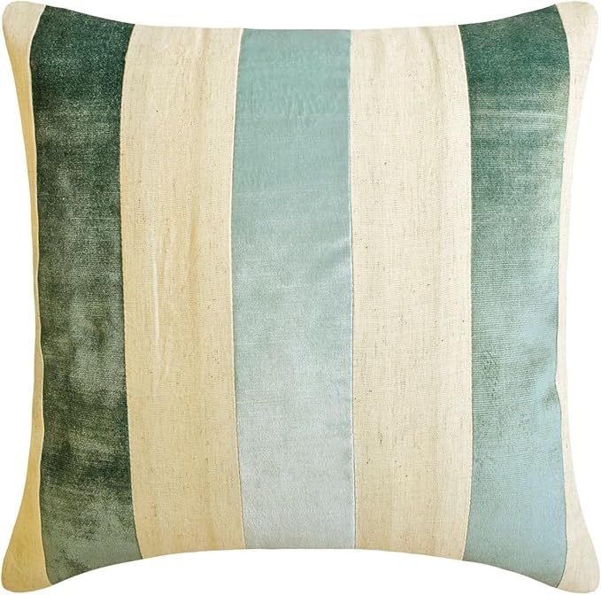 The HomeCentric Decorative Throw Pillow Cover Blue Pack of 2, 18"x18" (45x45 cm) Velvet Striped and Linen Cushion Covers for Couches and Sofas, Patchwork Modern Cushion Cover Style - Velvet Band Ice