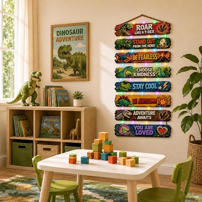BeautiFan Cool Dinosaur Room Decor Set of 8 with Led Light for Teen boys Kids Toddler, Inspirational Dinosaur Animal Wood Sign Nursery Wall Decor for Bedroom, Dinosaur Lamp Wall Decor Art