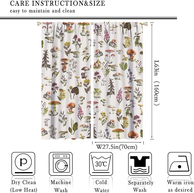 Vintage Botanical Curtains, Rustic Plants Herbs Mushroom Nature Wildflower Print Blackout Window Treatments for Living Room Bedroom Kitchen 55x63in