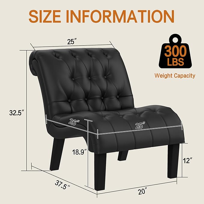 PU Leather Accent Chairs Set of 2 Button Tufted Upholstered Modern Armless Lounge Chair for Bedroom Living Room Side Chairs with Wood Legs Black