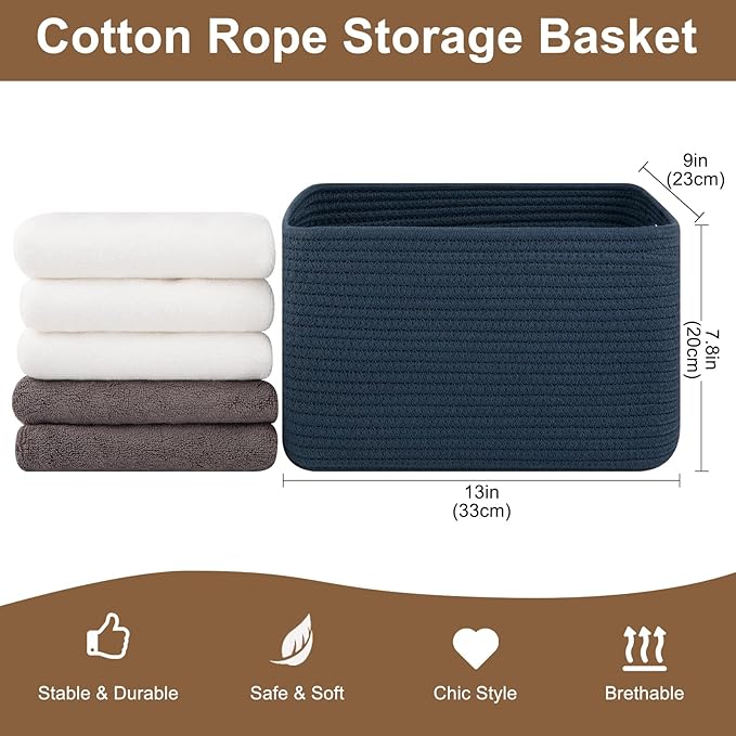 OIASKET Storage Baskets for Organizing, Woven Decorative Baskets for Shelves - Books, Towels, and Clothes, Cotton Rope Toy Storage Bins, 12.7''Lx9''Wx7.8''H, Pack of 4, Blue