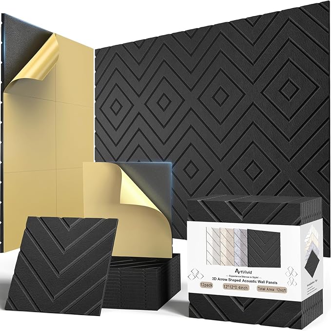 12Pack Acoustic Wall Panels, Self-Adhesive Sound Proof Foam Panels for Walls, Decorative Sound Dampening Wall Panels, Sound Absorbing for Door, Recording Studios, Offices, Home, 12"×12"×0.4", Black