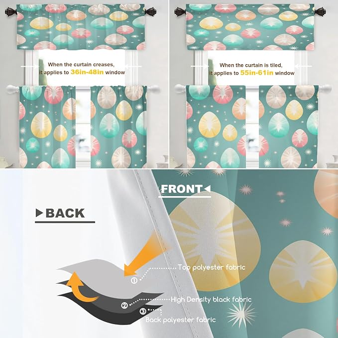 Shrahala Easter Eggs Stars Blackout Curtain Tiers, Colorful Easter Egg Pattern Kitchen Valance Light Blocking Tier Drapes with Rod Pocket, 2 Pack 26 X 36 in