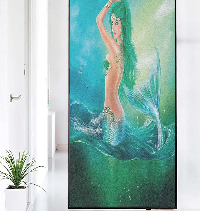 Underwater Pattern Window Privacy Film,Mermaid in Ocean on Waves Tail Sea Creatures Dramatic Sky Dark Clouds Print Window Stickers Film,Window Film Privacy Decorative,35.4" x 78.7" Blue Green