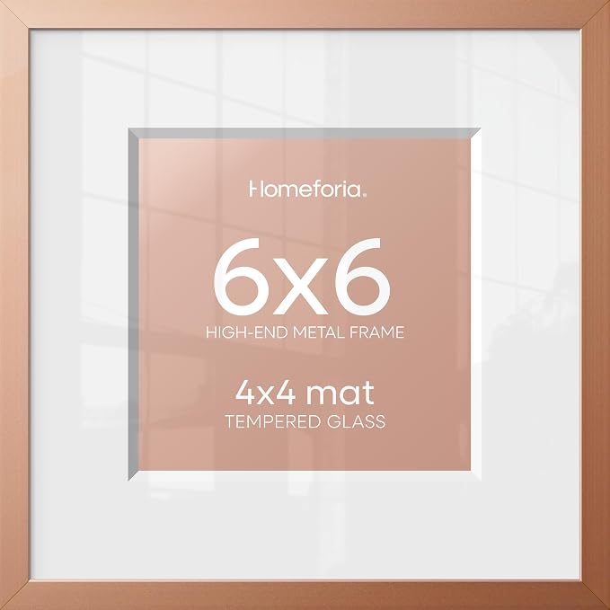 Homeforia Rose Gold Frame 6x6, High End Metal 6 x 6 Square Picture Frames with Mat 4 by 4 Art, 6x6 Photo Frame Matted to 4x4 inch Print, 6by6 Wall or Tabletop Frames, Tempered Glass, Wall Kit, Set of 1