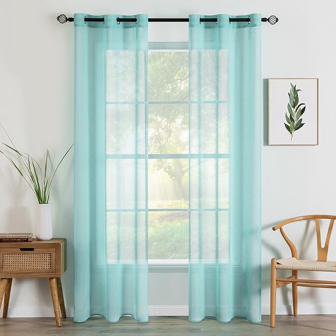 MIULEE 2 Panels Turquoise Semi Sheer Window Curtains 84 Inch Length Elegant Grommet Top Window Treatments Linen Textured Voile Drapes for Bedroom Living Room Aqua Blue Decor (37X84 Inches)