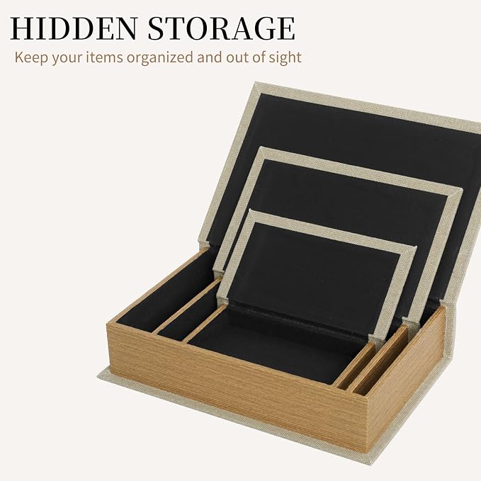 DECOR4SEASON Decorative Book Boxes Set of 3 – Modern Faux Linen & Wood Hidden Storage for Coffee Table – Stackable Fake Books for Shelf Decor, Remote Control & Jewelry Organizer (Warm Taupe)