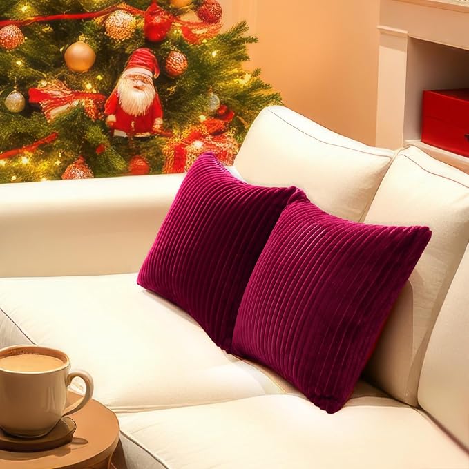 Simmore Decorative Fall Throw Pillow Covers 18x18 Set of 2, Soft Natural Plush Flannel Double-Sided Fluffy Couch Pillow Covers for Sofa Living Room, Burgundy