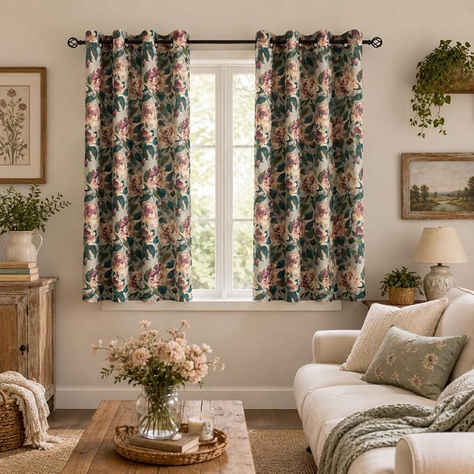 ALIGOGO Floral Drapes 63 Inch Length - Antique Linen Botanical Toile Curtains for Bedroom 2 Panels, Rustic Country Privacy Grommet Light Filtering Grandma Core Decor, 50W x 63L Inch, Taupe