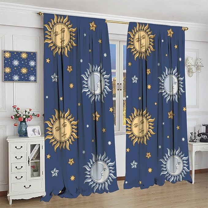 Vintage Sun Moon Bohemian Blackout Window Curtains, Retro Boho Style Print Rod Pocket Window Drapes, for Living Room Bedroom 72x63in 2 Panels