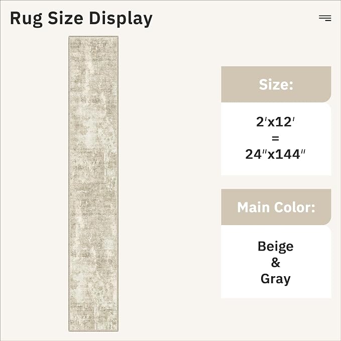 Soalmost Runner Rug 2x12 Washable Non-Slip Hallway Runner Rugs for Kitchen Bathroom Laundry Room Beige Gray Vintage Floor Carpet Runners for Hallways Entryway
