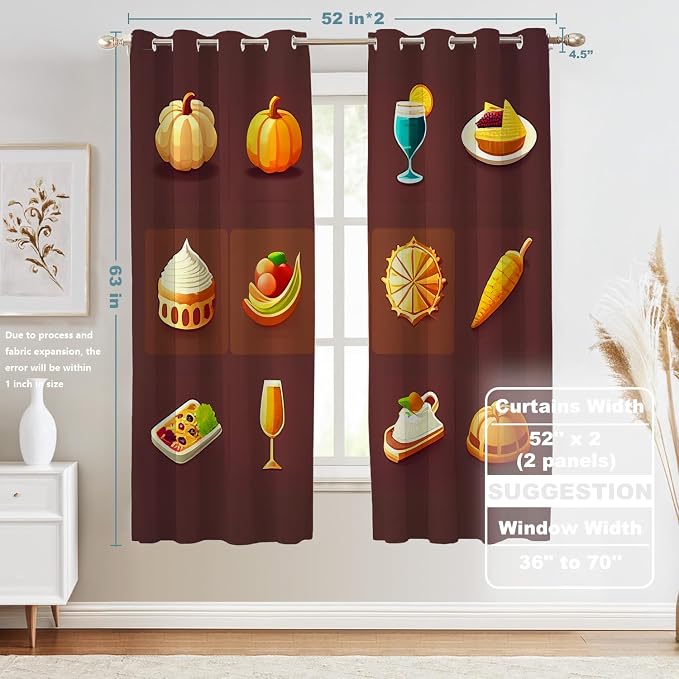 Shrahala Happy Thanksgiving Day Thermal Insulated Blackout Window Curtains, Pumpkin Turkey Bird Leaves Long Drapes for Bedroom/Living Room with Plastic Grommet, 52X63 Set of 2