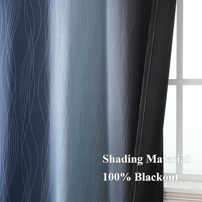 Estelar Textiler Black and Navy Blue Ombre Blackout Curtains 45 Inches Long, Full Room Darkening Gradient Drapes for Bedroom, Thermal Insulated Grommet Short Curtains for Bathroom, 42Wx45L, 2 Panels