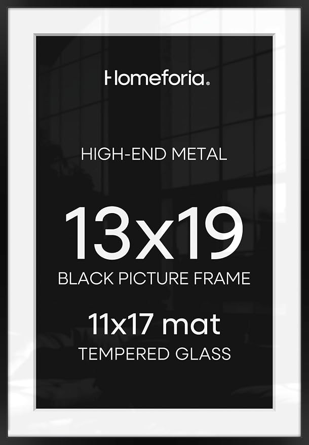 Homeforia 13x19 Picture Frame Black, High End Metal 13 x 19 Poster Frames with Mat 11 x 17 for Photo, 13x19 Black Frame Matted to 11x17 inch Print, 19x13 Thin Frame, Tempered Glass, Wall Kit, Set of 2