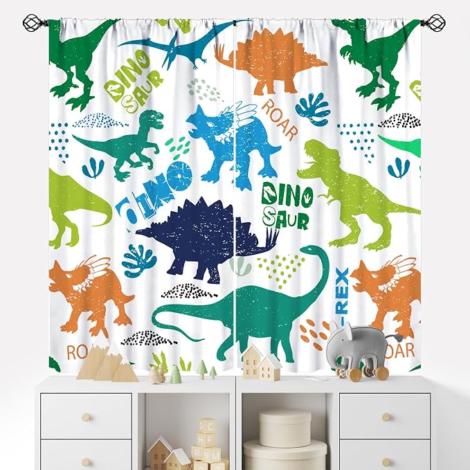YCness Kids Dinosaur Curtains Cartoon Dino Blackout Boys Window Treatments for Boys Girls Children Nursery Living Room Bedroom Decor Fabric Set 2 Panel 84x84 Inch 80% Shading Rate