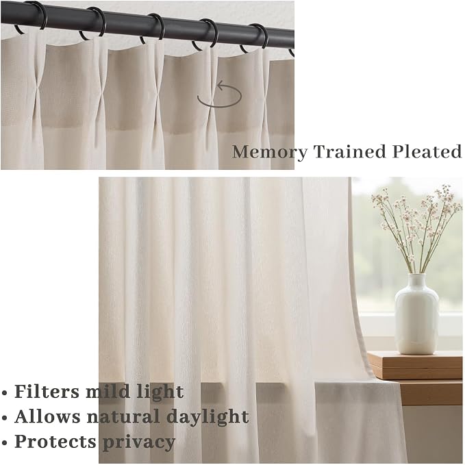 108 Inch Pinch Pleated Linen Curtains 2 Panels,Ivory Beige Semi Sheer Curtains with Pleated Hooks Back Tab for Track System,Extra Long 9ft Curtain for Living Room Bedroom,40x108