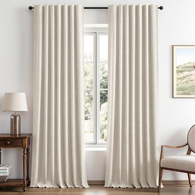 MIULEE 100% Blackout Linen Curtains for Bedroom, Linen Beige Solid Luxury Decor Thermal Insulation Room Darkening Drapes for Living Room Back Tab Rod Pocket 42 x 96 Inches, 2 Panels